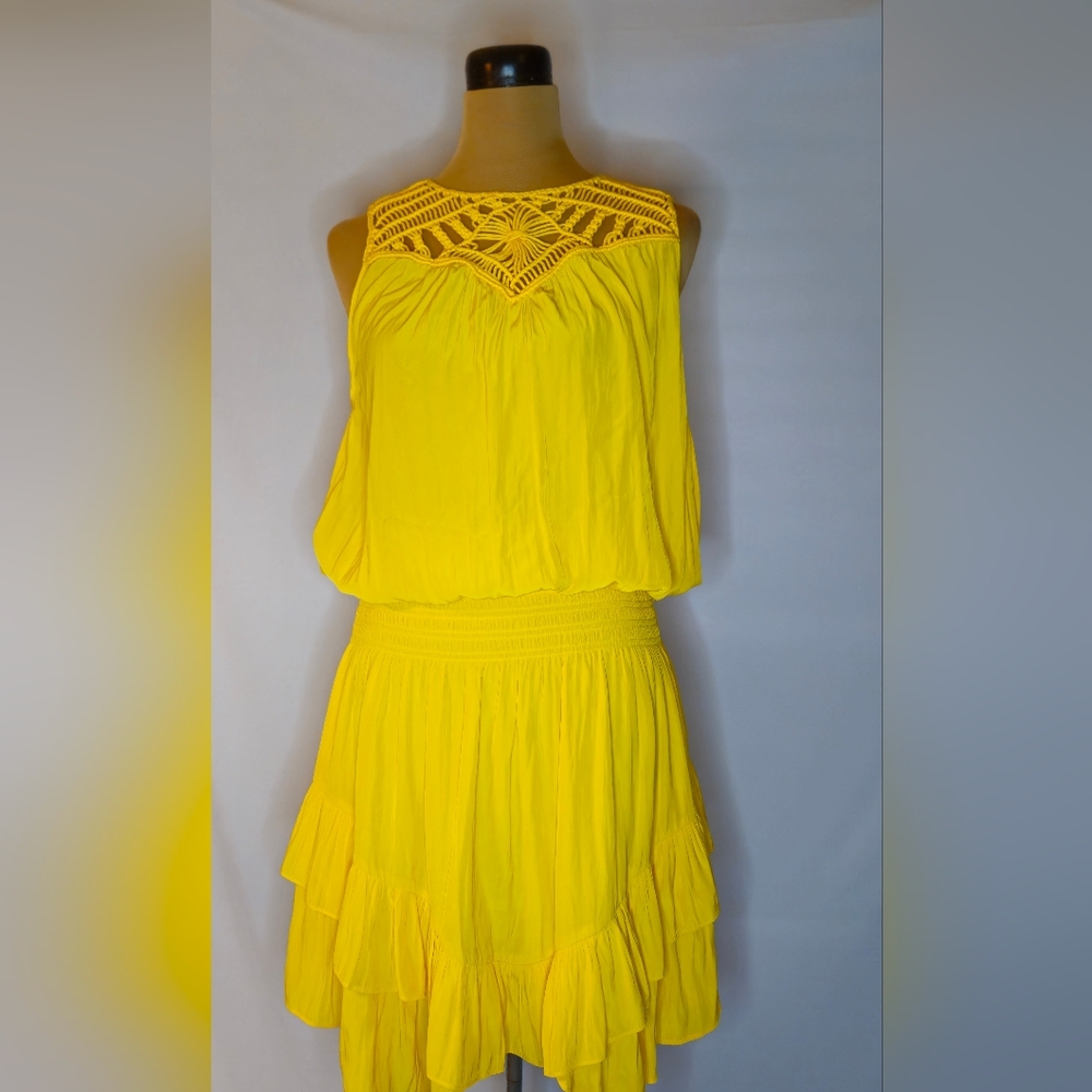 Ramy Brook Bright Yellow Crochet-Yoke Mini Dress